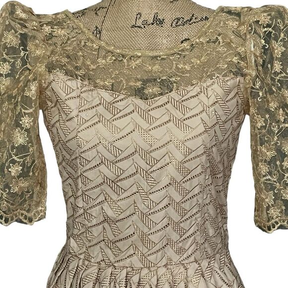 Handmade Womens S* Fit Flare Gold‎ Dress Lace Sleeve Wrap Lolita Formal Coquette - Picture 7 of 16